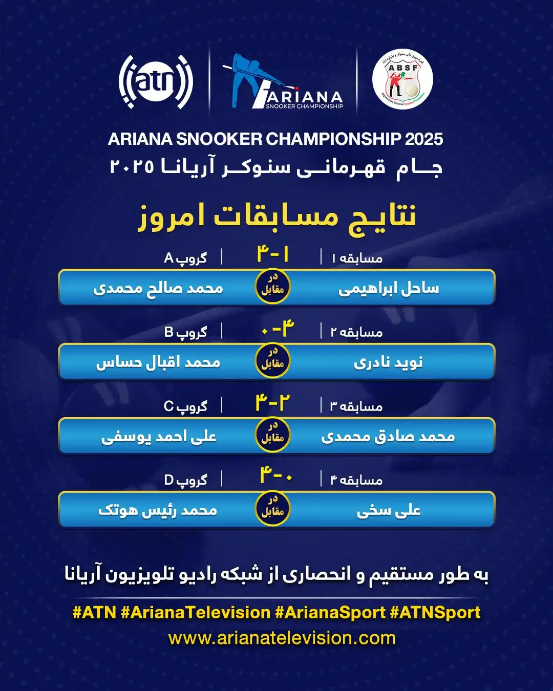 Image from Ariana Television : د ۲۰۲۵ آریانا سنوکر اتلولۍ جام د ترسره شویو لوبو پایلې؛ نن د ۱۴۰۳ کال ...