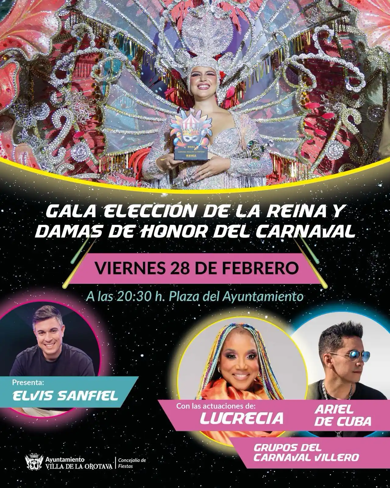 Image from Ayuntamiento de La Orotava: 🎭✨ ¡El Carnaval villero está por coronar a su Reina! Este viernes 2...