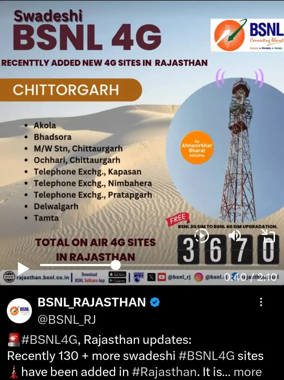 Image from Bharat Sanchar Nigam Limited, Chittorgarh: Chittorgarh new sites: Akola Bhadsora Shastrinagar Ochri Te kapasan Te...