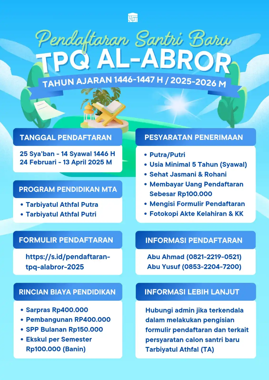 Image from Channel Ukhuwah Anak Kuliah: 📣 *PENERIMAAN SANTRI BARU TPQ AL-ABROR KOTA BANDAR LAMPUNG* 📅 *TAH...