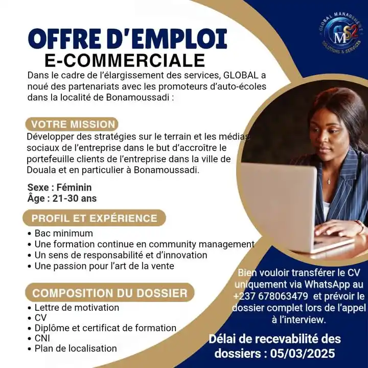 Image from CHASSEUR D'OPPORTUNITÉS: OFFRE D’EMPLOI Poste : E-commerciale Dans le cadre de l’élargisseme...