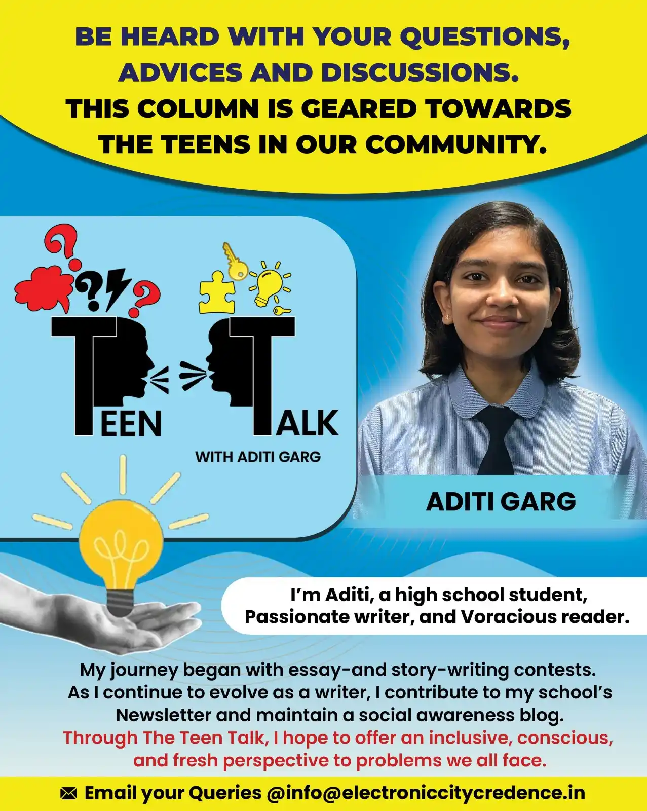 Image from Electronic City Credence: 📣 Introducing The Teen Talk with Aditi Garg! A space where teens can ...
