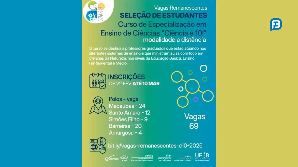 Image from Fala Barreiras, Portal de Notícias: *SELEÇÃO DE ESTUDANTES PARA ESPECIALIZAÇÃO CIÊNCIA É 10 ABRE INSCRIÇÕE...