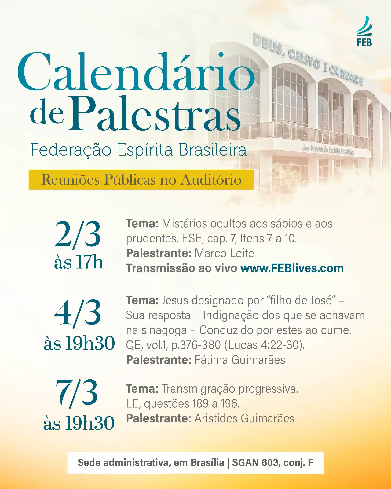 Image from Federação Espírita Brasileira: *Calendário de Palestras | Federação Espírita Brasileira* _Reuniões Pú...
