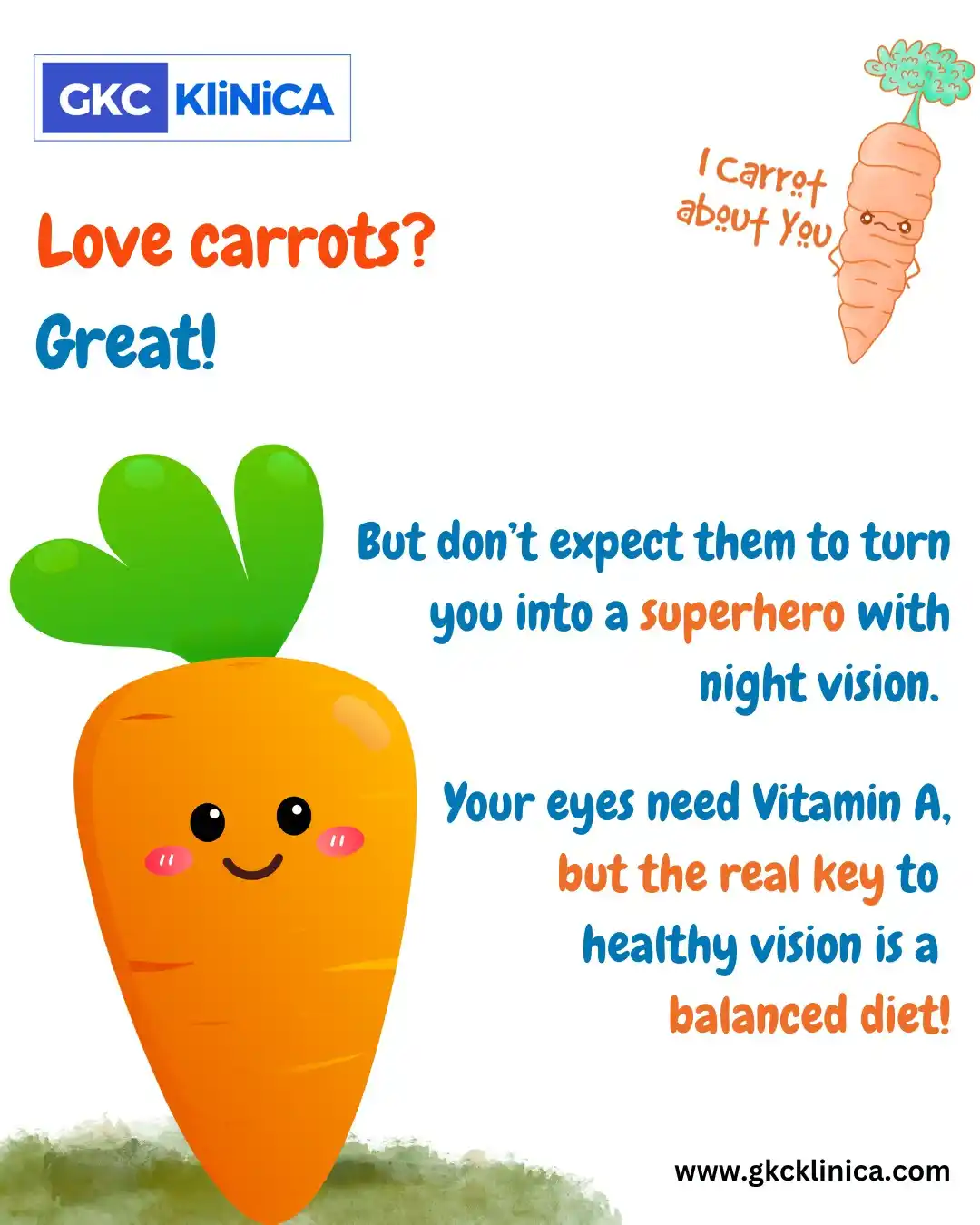 Image from GKC KLINICA - HEALTHCARE PLATFORM: 🥕 Myth: Carrots improve night vision. ✅ Fact: They support eye health...