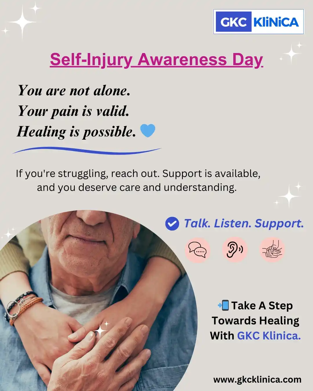 Image from GKC KLINICA - HEALTHCARE PLATFORM: Self-Injury Awareness Day | March 1 💙  You are not alone. Your pain i...