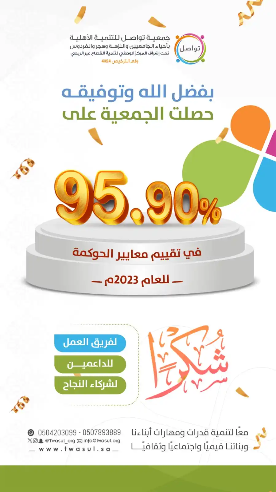 Image from جمعية تواصل للتنمية بالدمام: اليوم تحتفل تواصل مرتين✨😊 بفضل الله وتوفيقه، حققت <a class="text-blue...