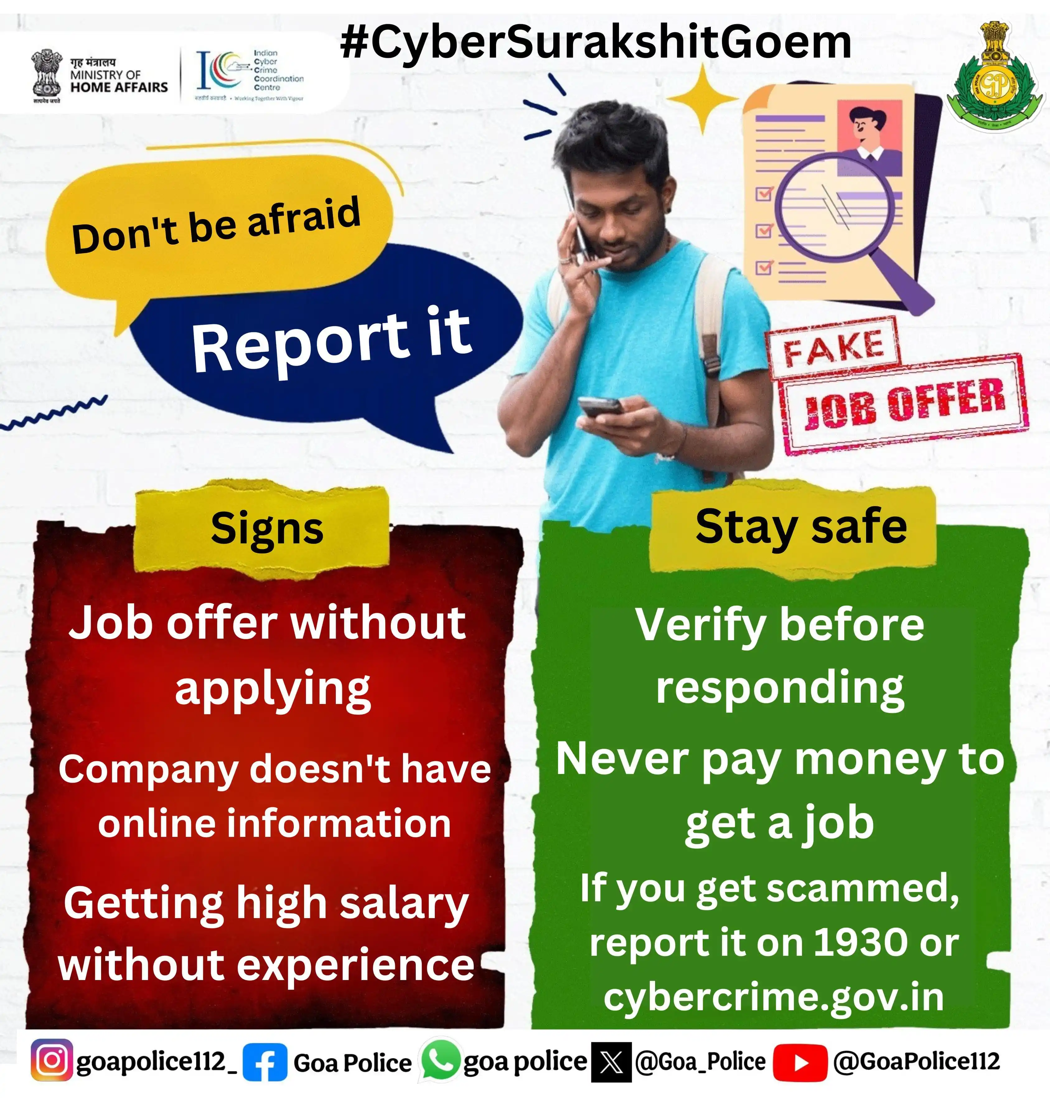 Image from Goa Police: Recognize the signs of a job scam! Before responding to any unknown ...