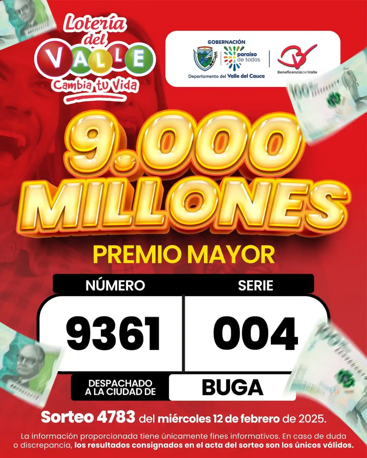 Image from GOBERNACIÓN DEL VALLE OFICIAL: 🎉💰 *¡Atención!* El premio mayor del sorteo *4783* de la *Lotería del...