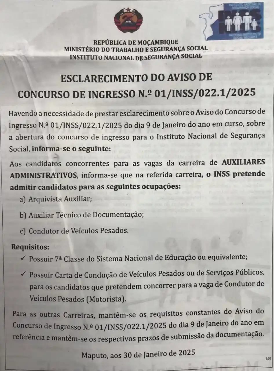 Image from INSS MOÇAMBIQUE: *📍ESCLARECIMENTO DO AVISO DE CONCURSO DE INGRESO Nº 01/INSS/022.1/202...