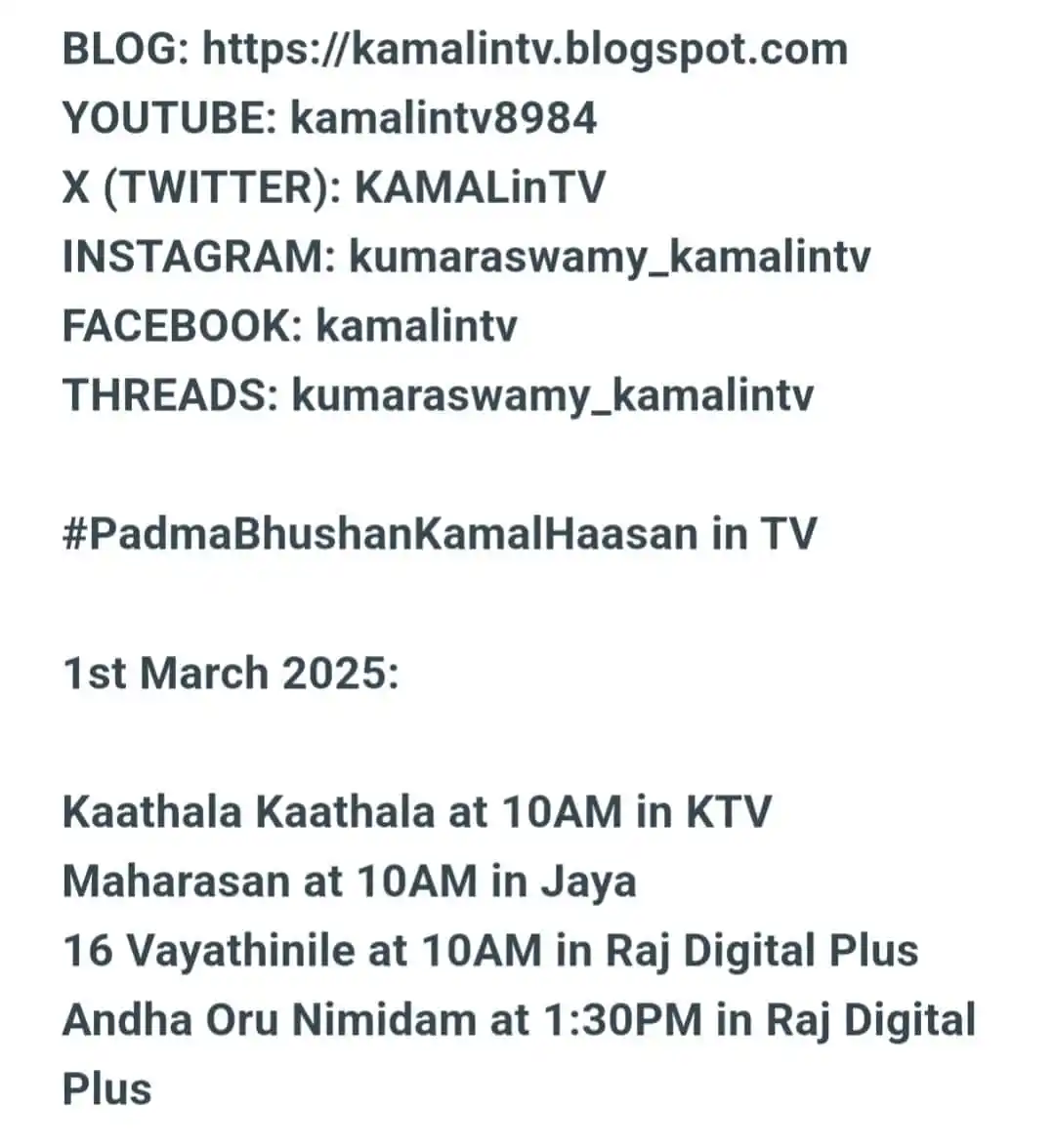 Kamal Haasan In TV post