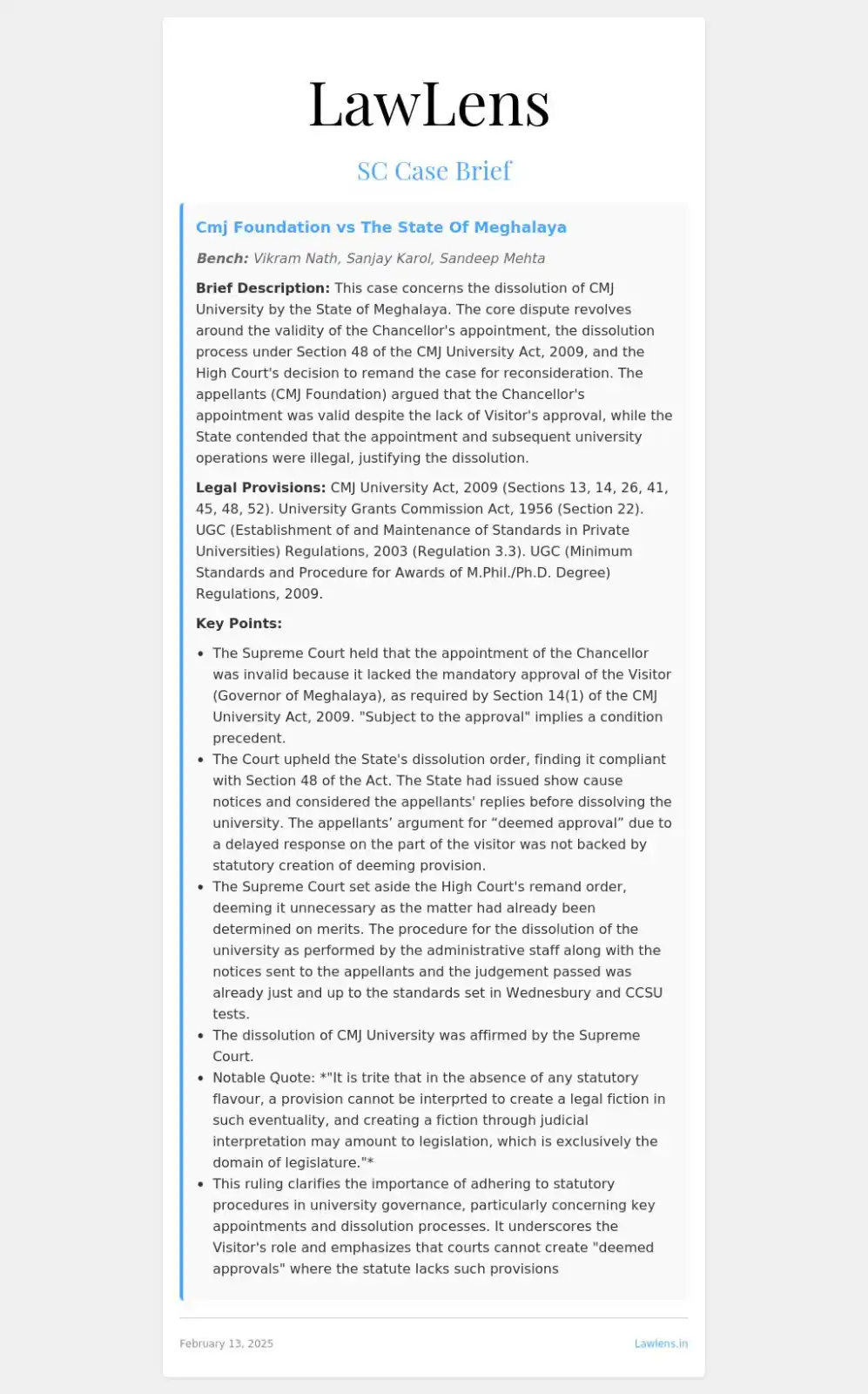 Image from LawLens Supreme Court Alerts: ⚖️ Cmj Foundation vs The State Of Meghalaya 👨‍⚖️ Bench: Vikram Nath S...