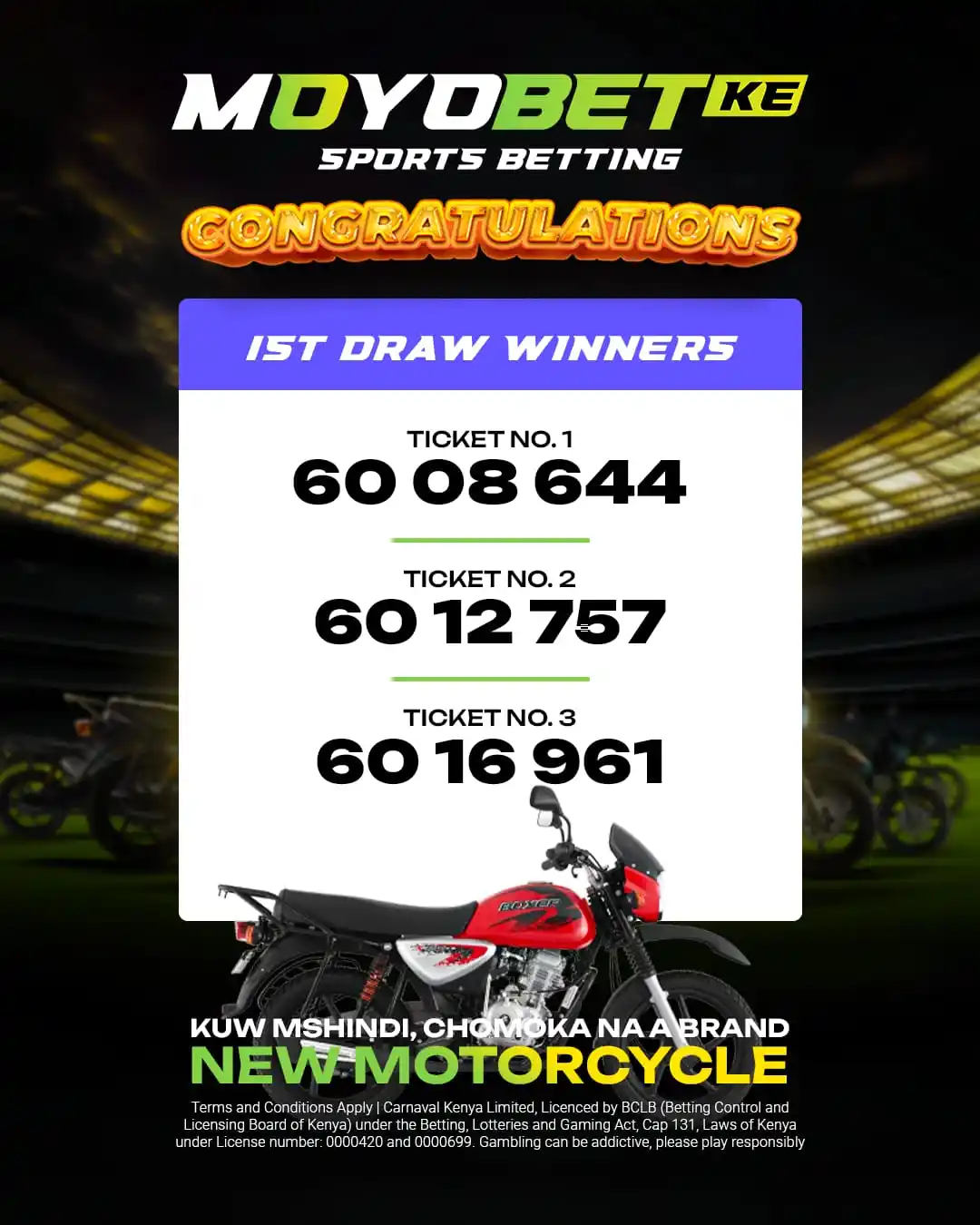 Image from Moyobet.ke: The 1st draw is done, and we have our lucky winners! 🎉🎊 If your tick...