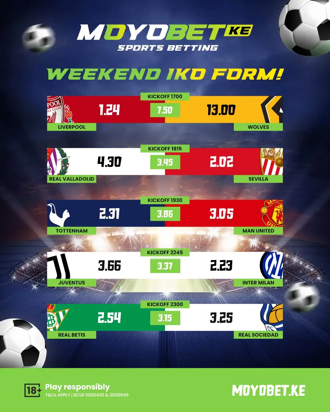Image from Moyobet.ke: Weekendi imewaka! ⚽🔥 Lineup iko set na moto inawaka! Nani anashikilia...