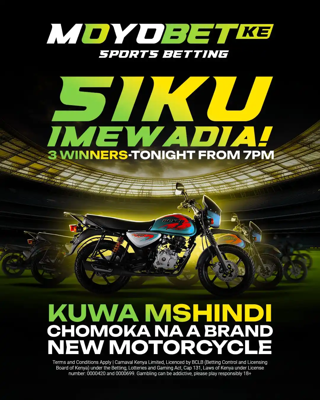 Image from Moyobet.ke: SIKU IMEWADIA! 🏍️🔥 The wait is over! 3 lucky winners will ride away...