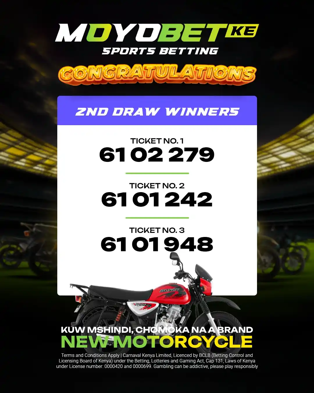 Image from Moyobet.ke: Motorbike Winners Alert! 🏍️ The 2nd draw is done, and we have our lu...