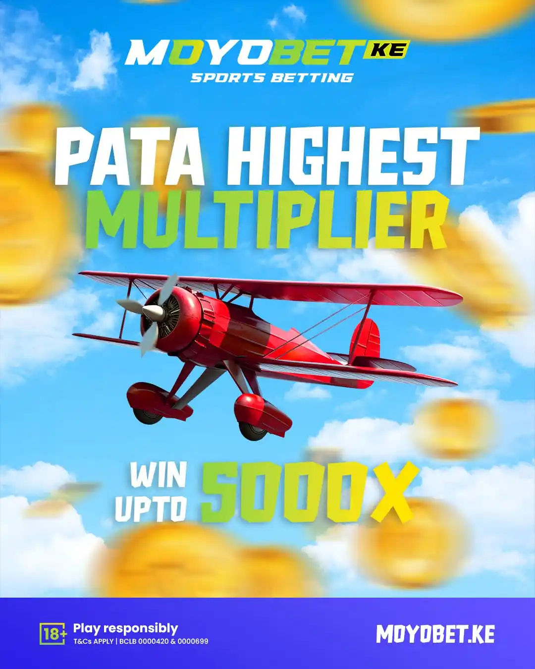 Image from Moyobet.ke: PATA HIGHEST MULTIPLIER! 🚀💰  Chase the biggest wins with up to 5000X...