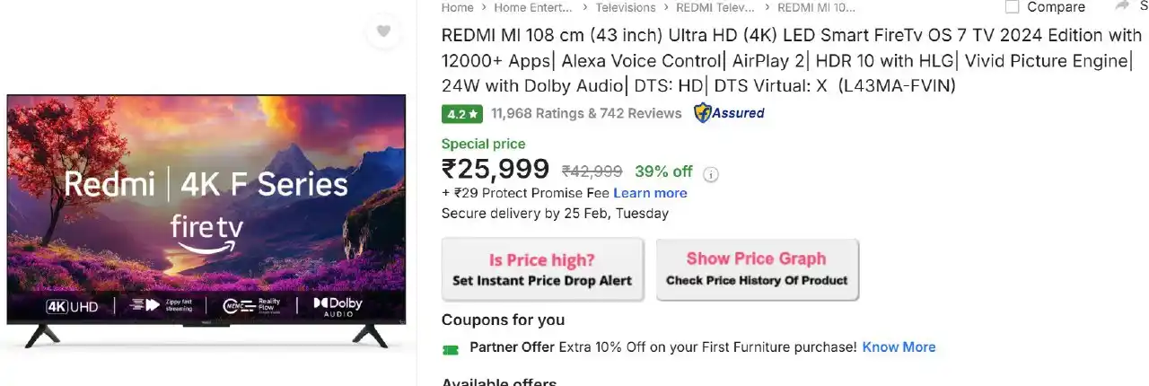 Image from Offer | Deals | Discount: Flipkart | *REDMI MI 108 cm (43 inch) Ultra HD (4K) LED Smart FireTv O...