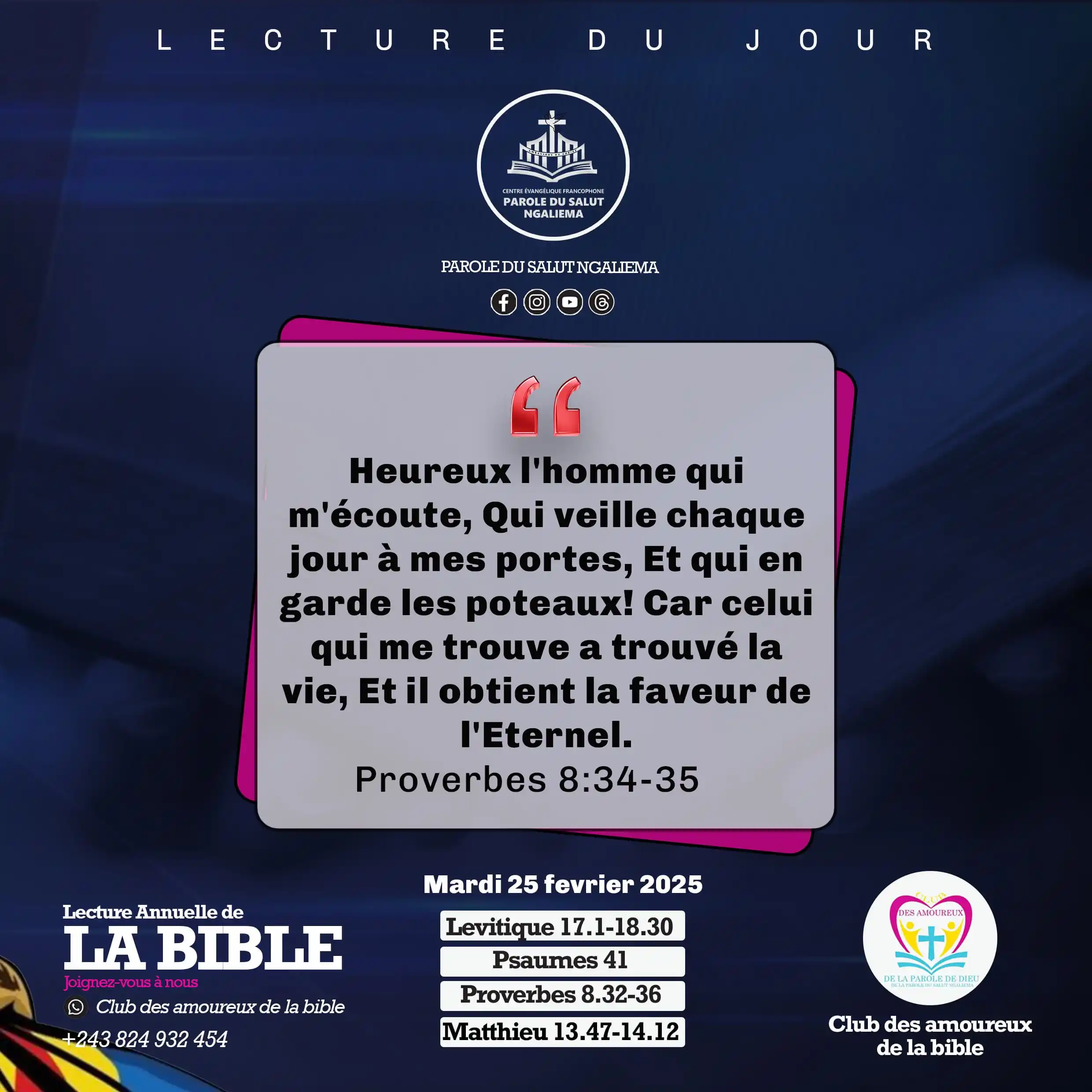 Image from PAROLE DU SALUT NGALIEMA: MÉDITONS📖 📌Méditation du Mardi 25/02/2025 ✅ Proverbes 8:34-35 Heur...