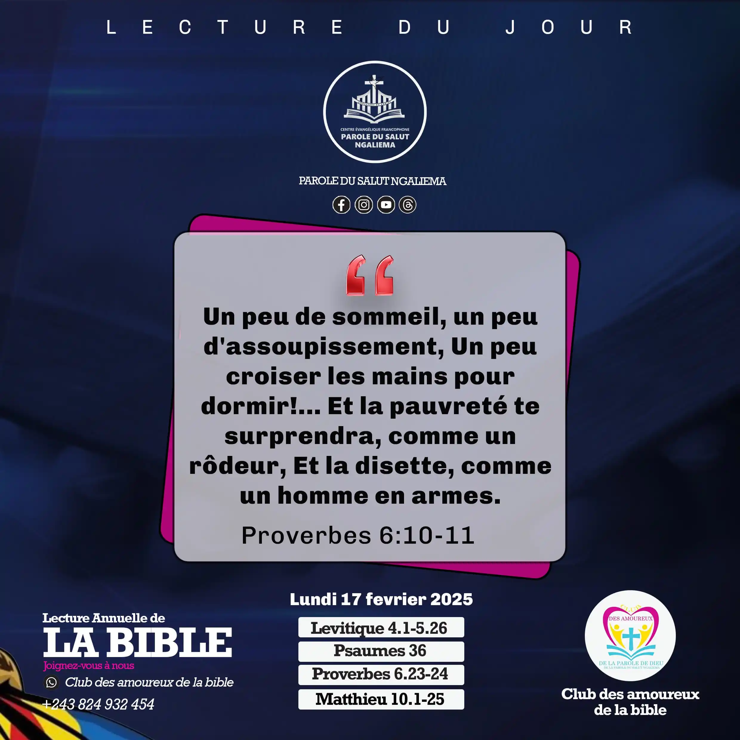 Image from PAROLE DU SALUT NGALIEMA: MÉDITONS📖  📌Méditation du Lundi 17/02/2025  ✅Proverbes 6:10-11 Un pe...
