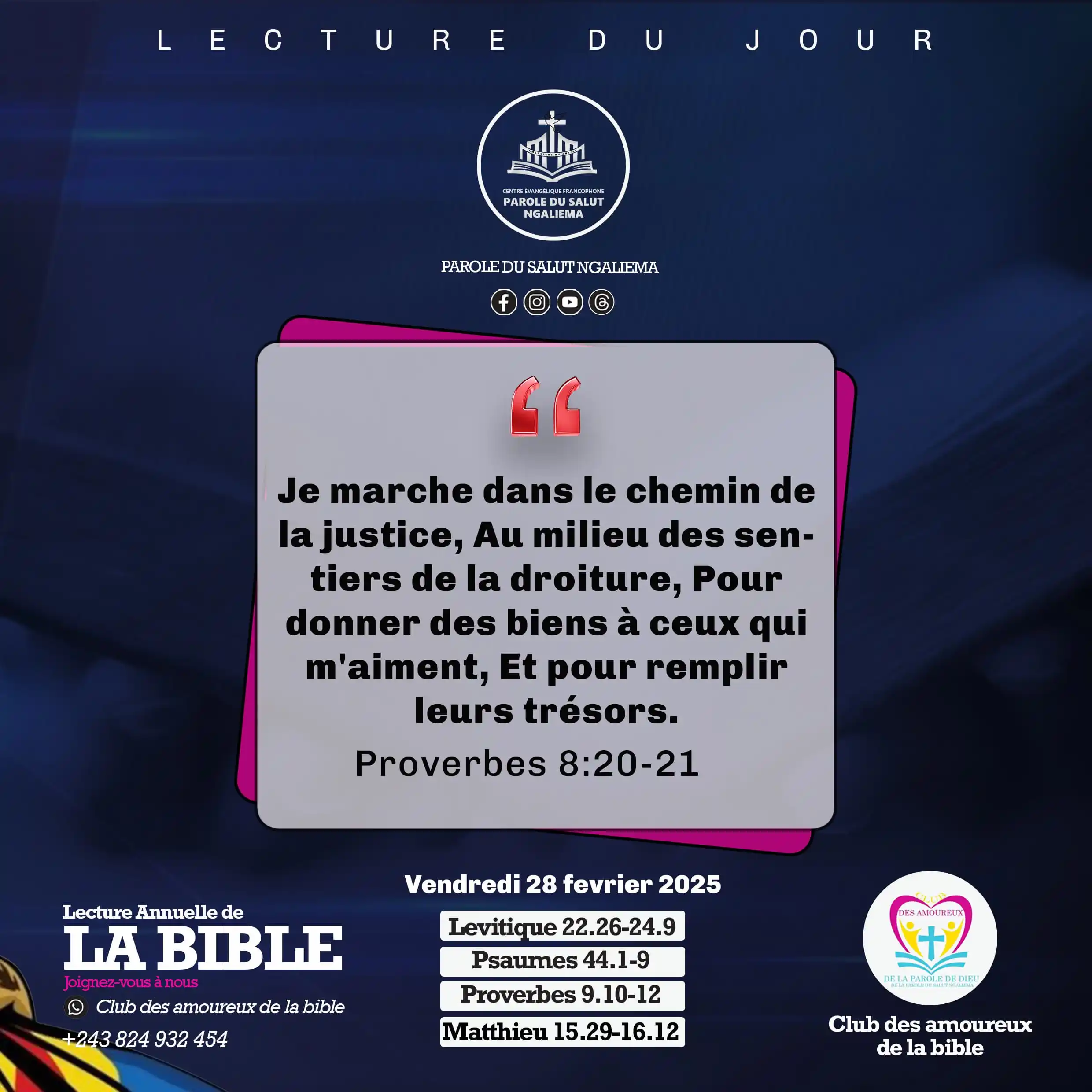 Image from PAROLE DU SALUT NGALIEMA: MÉDITONS📖  📌Méditation du Vendredi 28/02/2025  ✅Proverbes 8:20-21 Je...