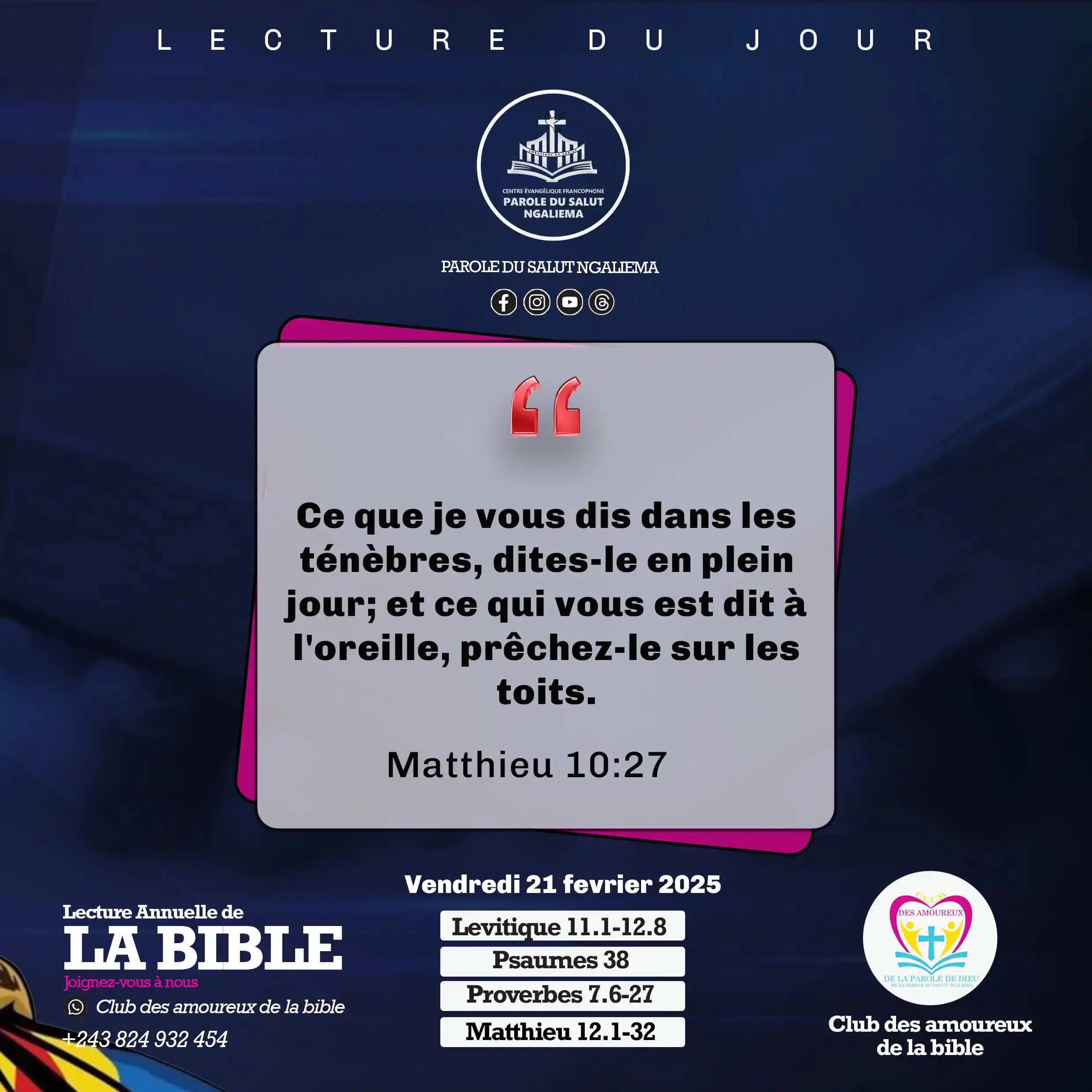 Image from PAROLE DU SALUT NGALIEMA: MÉDITONS📖  📌Méditation du Vendredi 21/02/2025  ✅ Matthieu 10:27 Ce q...
