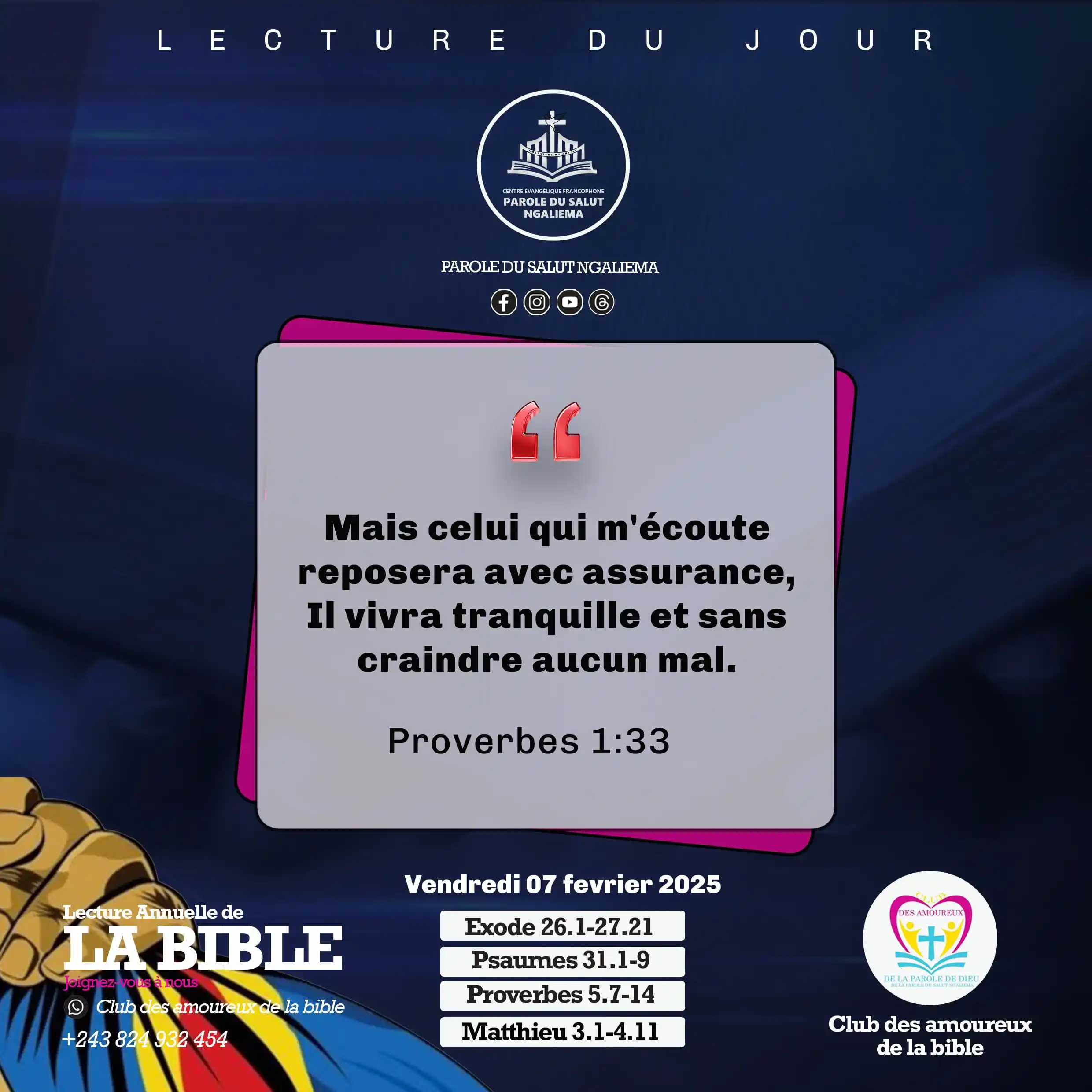 Image from PAROLE DU SALUT NGALIEMA: MÉDITONS📖  📌Méditation du Vendredi 07/02/2025  ✅ Proverbes 1:33 Mais...
