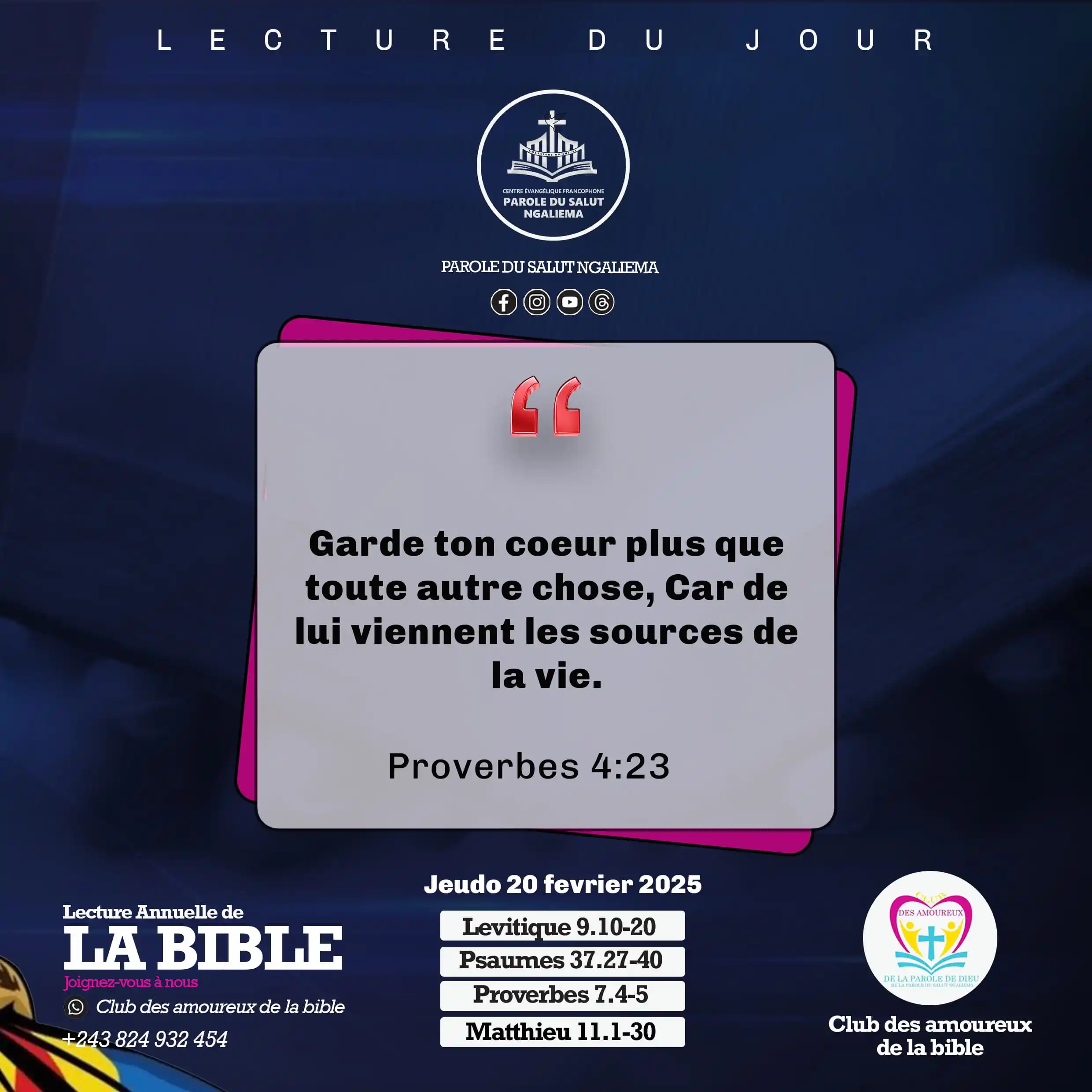 Image from PAROLE DU SALUT NGALIEMA: MÉDITONS📖  📌Méditation du Jeudi 20/02/2025  ✅Proverbes 4:23 Garde to...