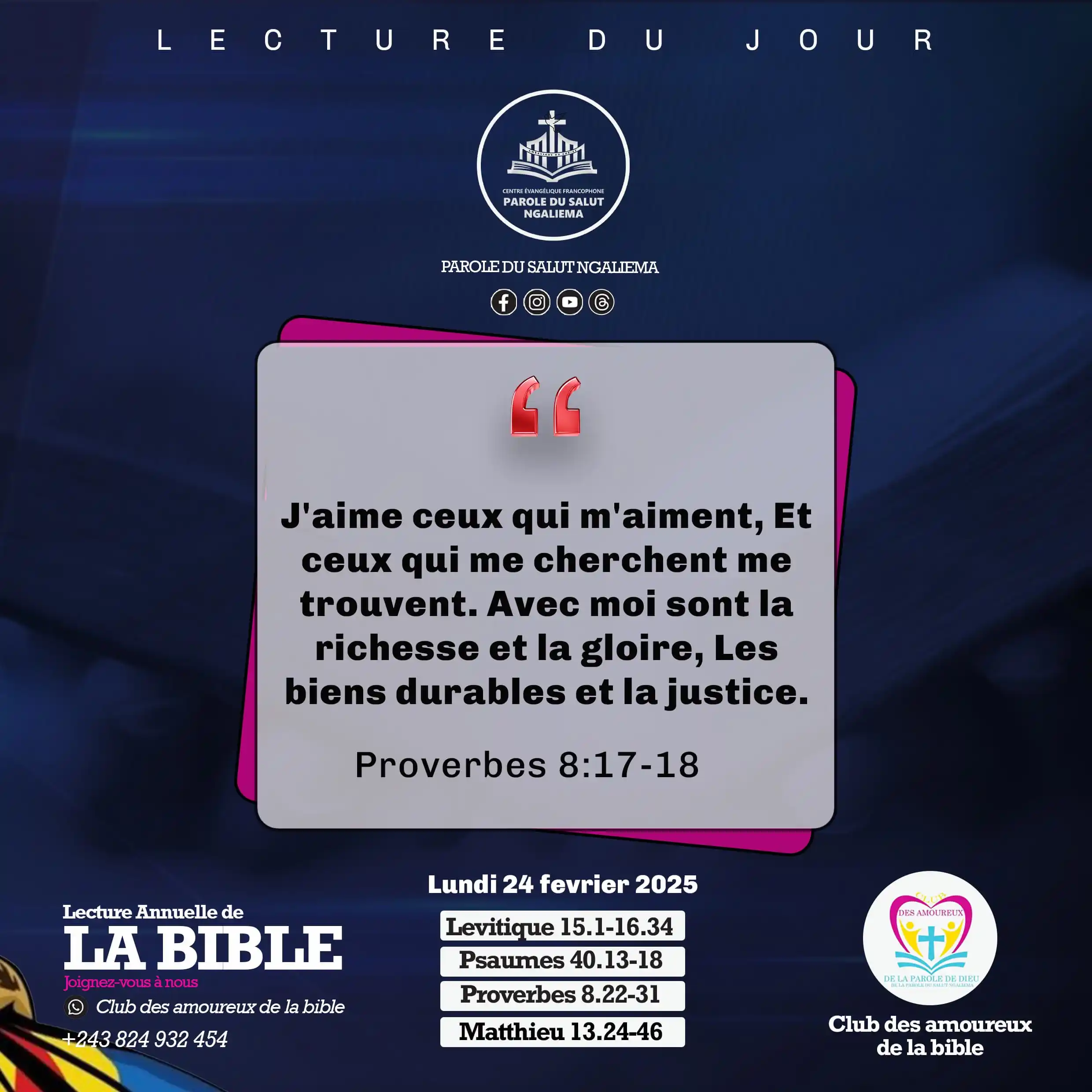 Image from PAROLE DU SALUT NGALIEMA: MÉDITONS📖 📌Méditation du Lundi 24/02/2025 ✅ Proverbes 8:17-18 J'ai...