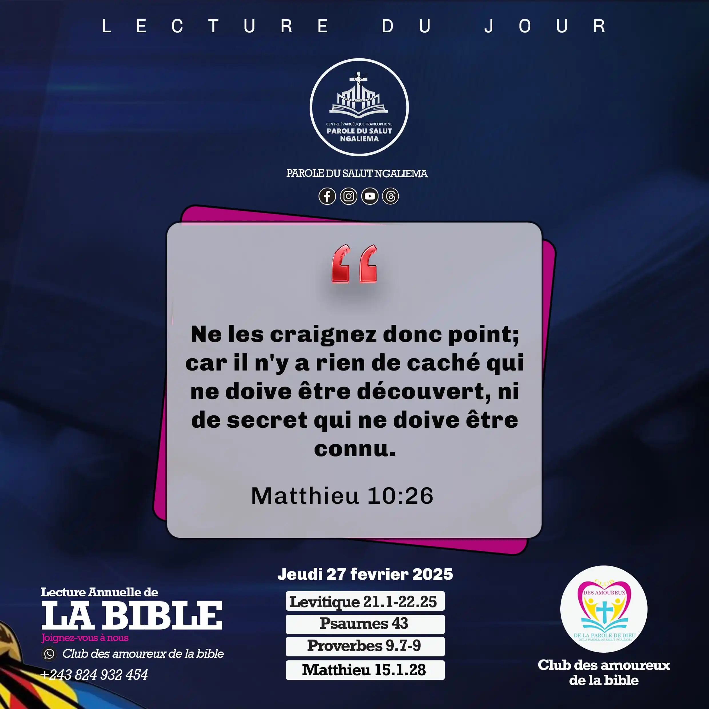 Image from PAROLE DU SALUT NGALIEMA: MÉDITONS📖  📌Méditation du Jeudi 27/02/2025  ✅Matthieu 10:26 Ne les c...