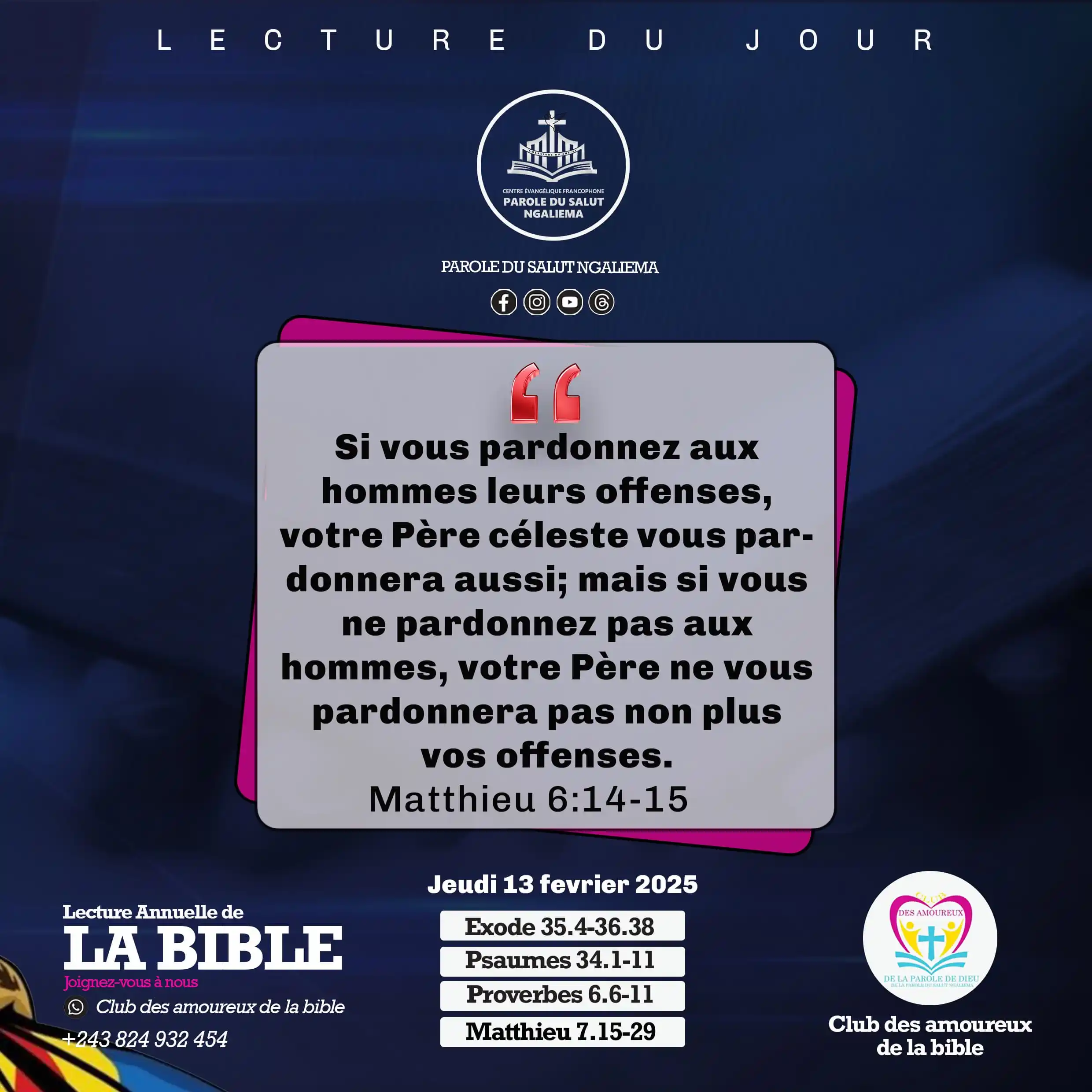 Image from PAROLE DU SALUT NGALIEMA: MÉDITONS📖 📌Méditation du Jeudi 13/02/2025 ✅Matthieu 6:14-15 _Si vo...