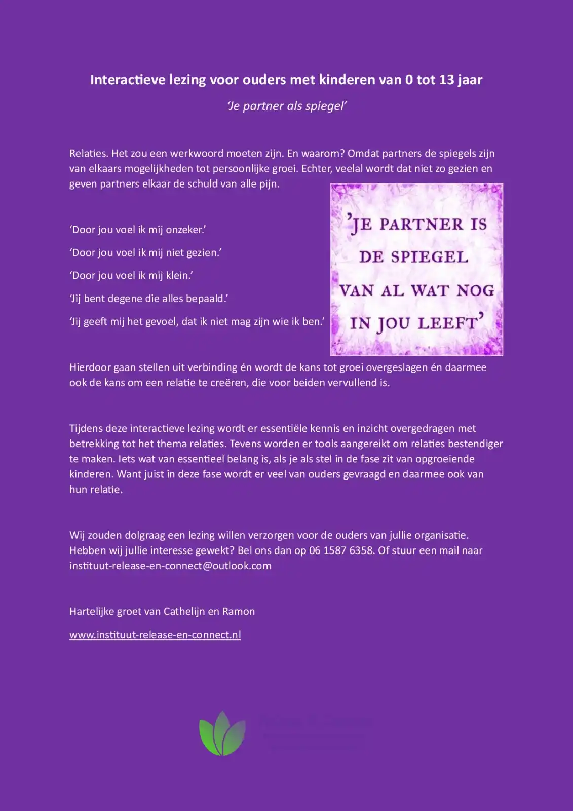 Release & Connect; instituut voor relatietherapie en persoonlijke ontwikkeling. post