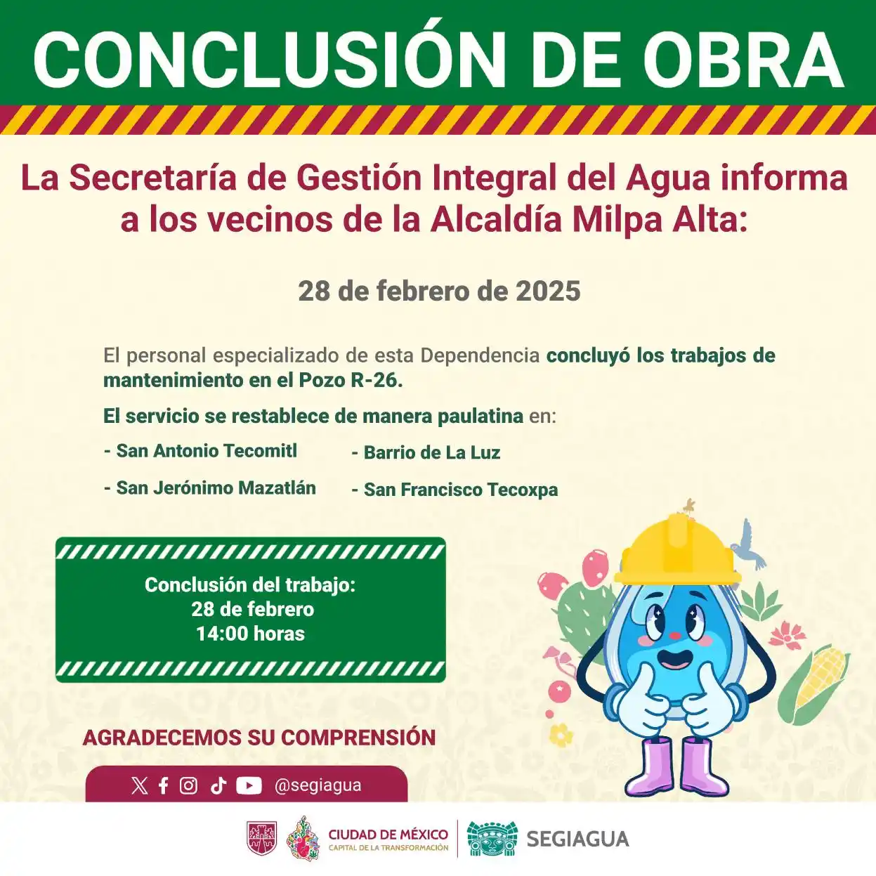 Image from Secretaría de Gestión Integral del Agua - SEGIAGUA💧: 🚧 La Secretaría de Gestión Integral del Agua informa a los vecinos de...