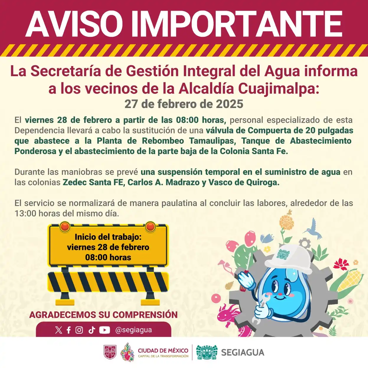Image from Secretaría de Gestión Integral del Agua - SEGIAGUA💧: 🚧 La Secretaría de Gestión Integral del Agua informa a los vecinos de...