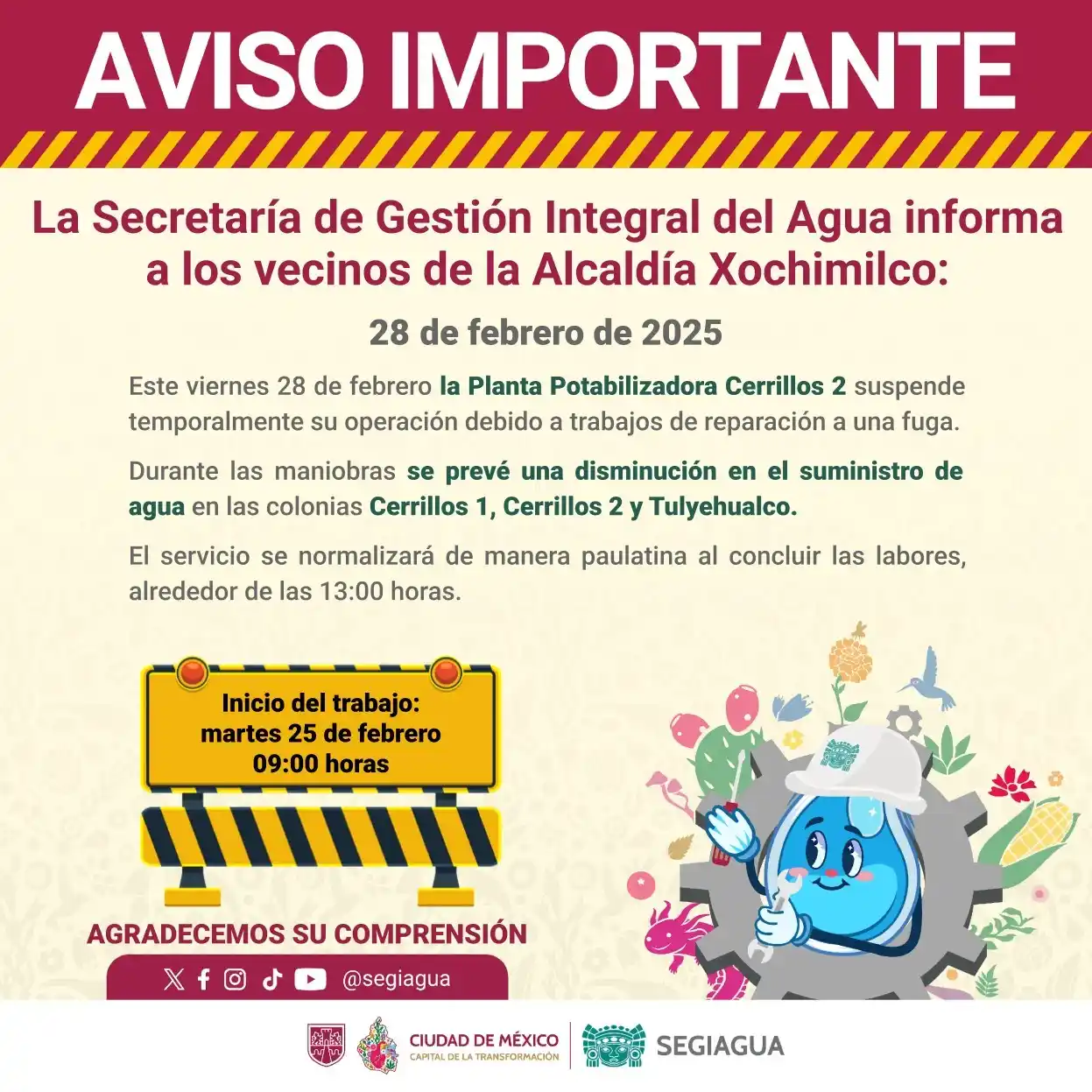 Image from Secretaría de Gestión Integral del Agua - SEGIAGUA💧: 🚧 La Secretaría de Gestión Integral del Agua informa a los vecinos de...