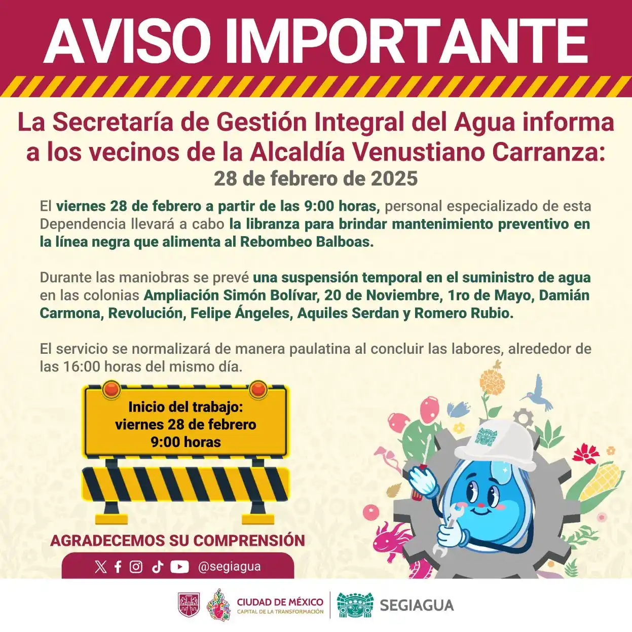 Image from Secretaría de Gestión Integral del Agua - SEGIAGUA💧: 🚧 La Secretaría de Gestión Integral del Agua informa a los vecinos de...