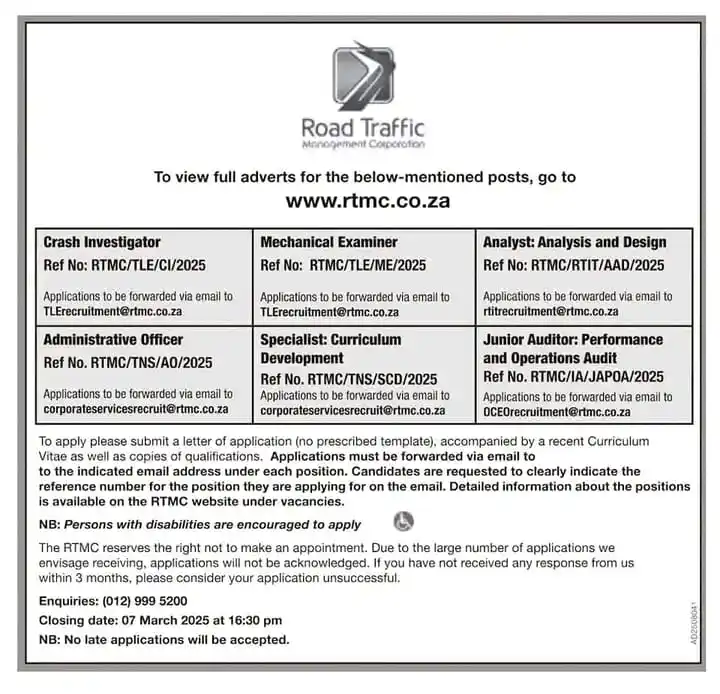 Image from Jobs Sharing & Learnerships - Skills Development Plan: 1. Crash Investigator Ref No: RTMC/TLE/CI/2025 Applications to be forw...