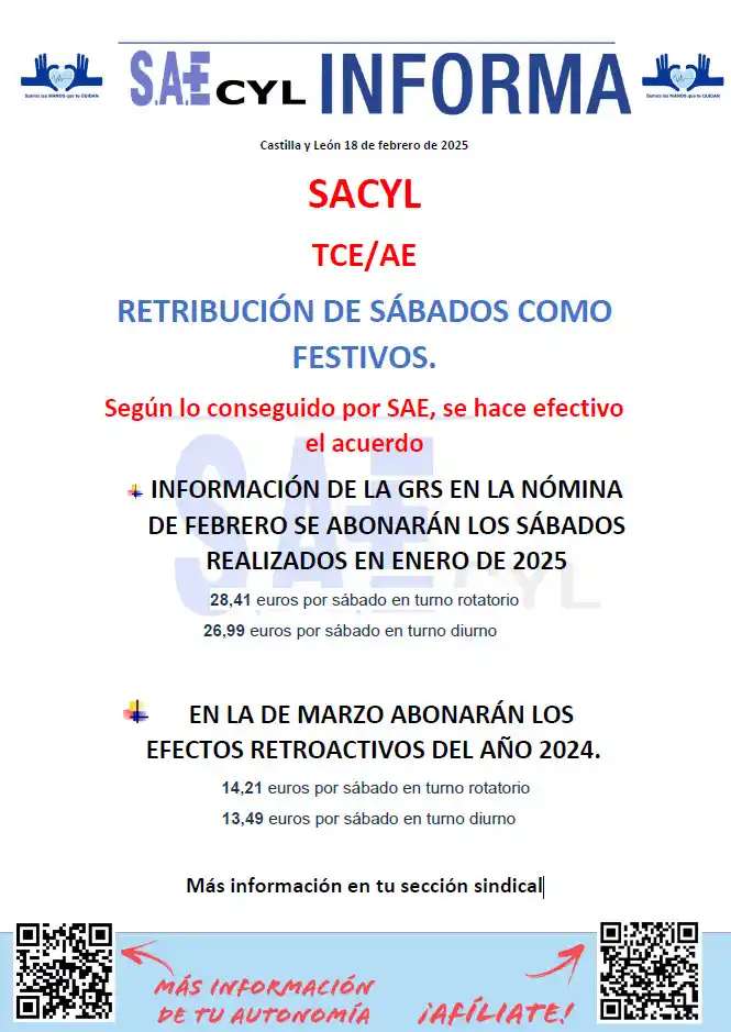 Image from Sindicato SAE NACIONAL: ‼️RETRIBUCIÓN DE SÁBADOS COMO FESTIVOS‼️ SACYL - TCE/AE 👉🏻Según lo ...