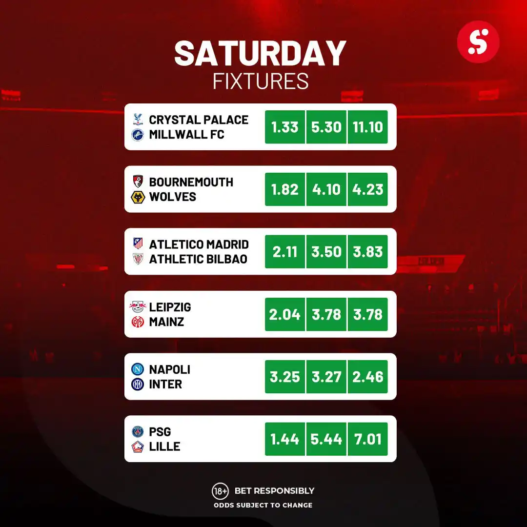 Image from SportyBet : 🔥 Saturday’s Top Fixtures Are Here! 🔥 Massive games, crazy odds, an...