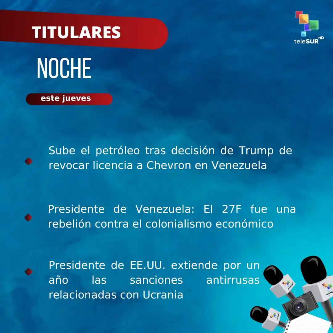 Image from teleSUR: Buenos noches 🌓 Compartimos los titulares a esta hora 🔹 Sube el pe...