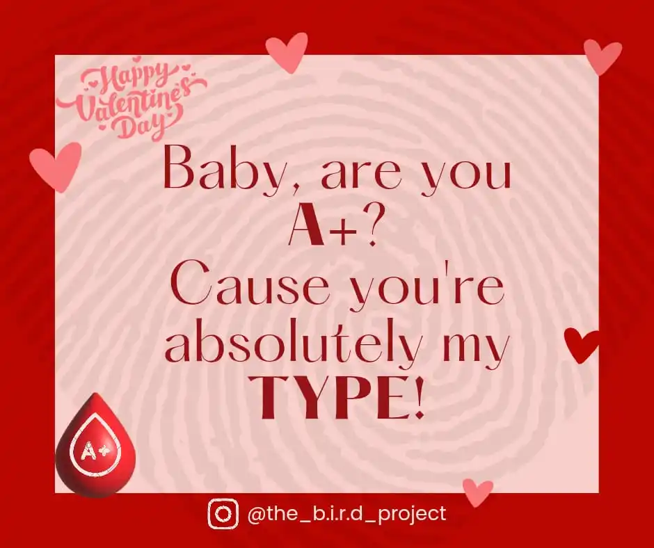 Image from The B.I.R.D. Project 🅰️🅱️🆎️🅾️🩸: *“Baby, are you A+? Because you're absolutely my type!”*❤️🩸 But ev...