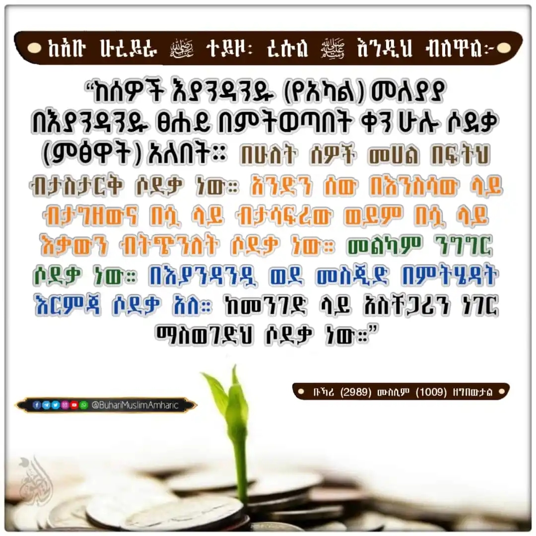 Image from የቡኻሪና ሙስሊም ሐዲሶች በአማርኛ: እያንዳንዱ መገጣጠሚያ በየቀኑ ሶደቃ (ምፅዋት) አለበት!  ከአቡ ሁረይራ (رضي ﷲ عنه) ተይዞ፡ ረሱል (ﷺ)...