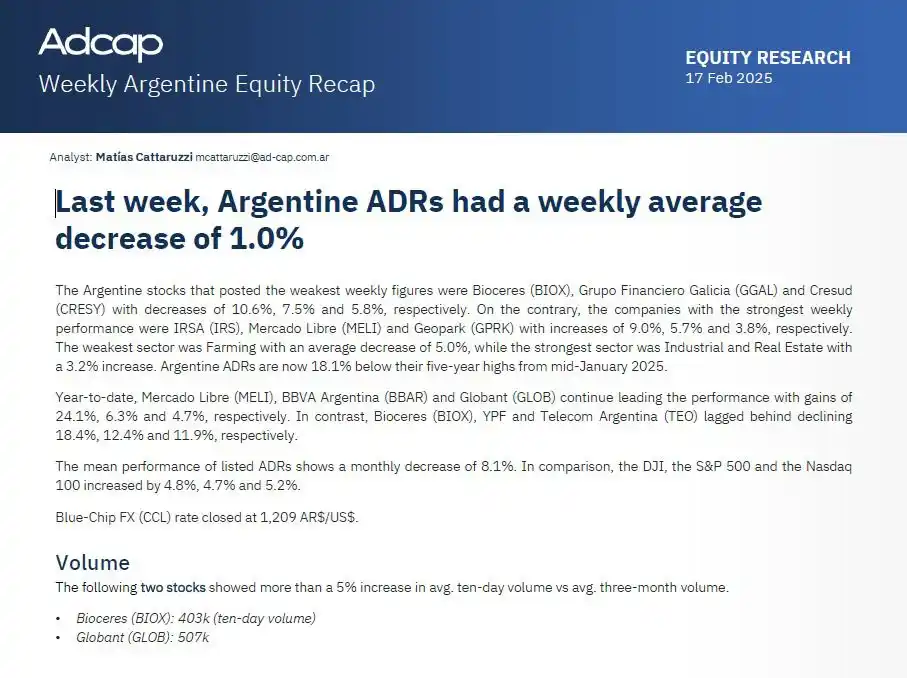 Image from Adcap House View - Finanzas y Mercados: *Last week, Argentine ADRs had a weekly average decrease of 1.0%* *Li...
