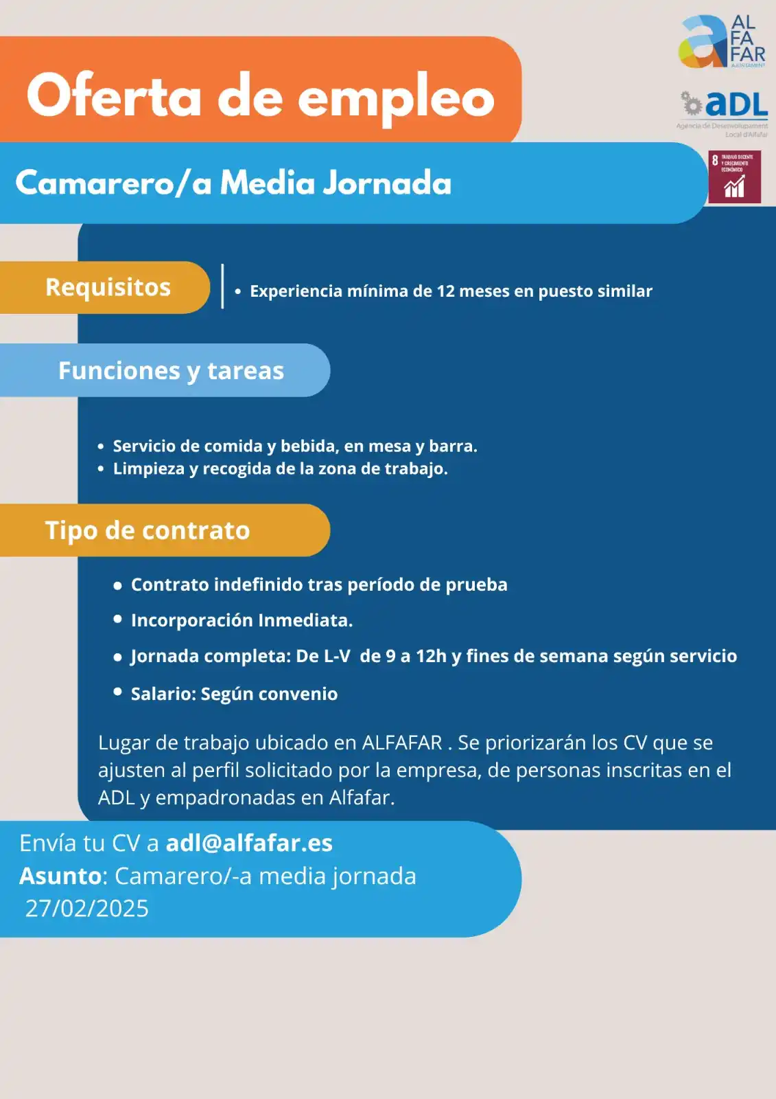 Image from Ajuntament d'Alfafar: ℹ Nuevas ofertas de trabajo de ADL Alfafar, de camarero/a media jornad...