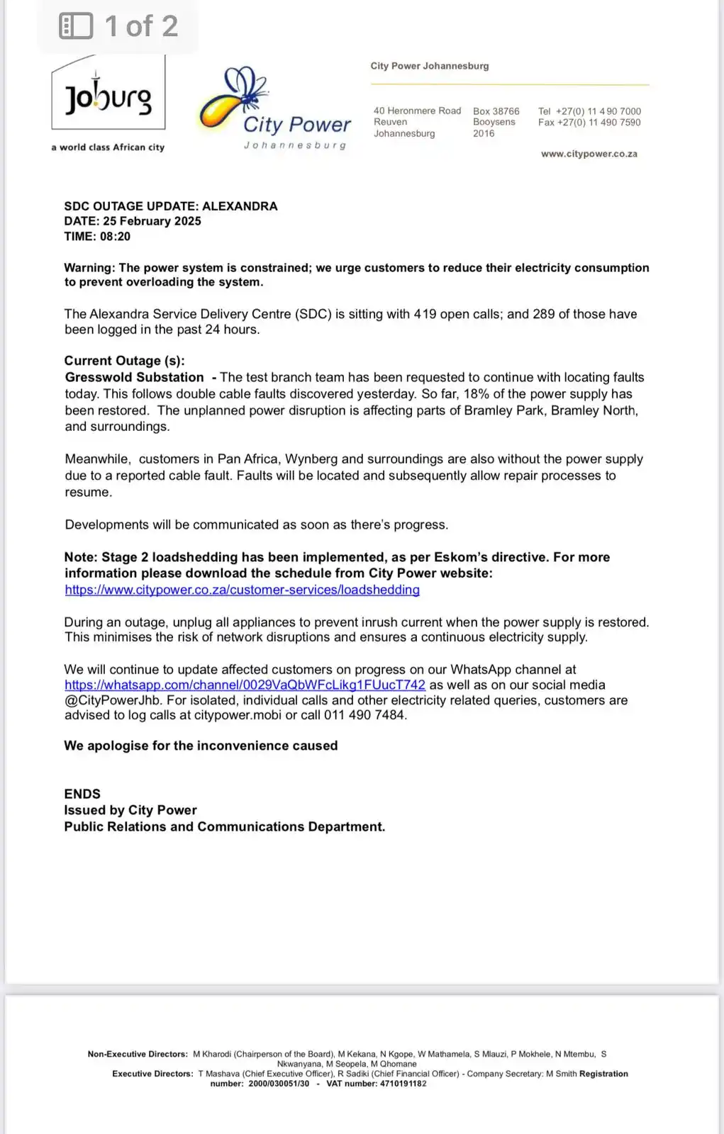 Alexandra SDC Outage Updates post