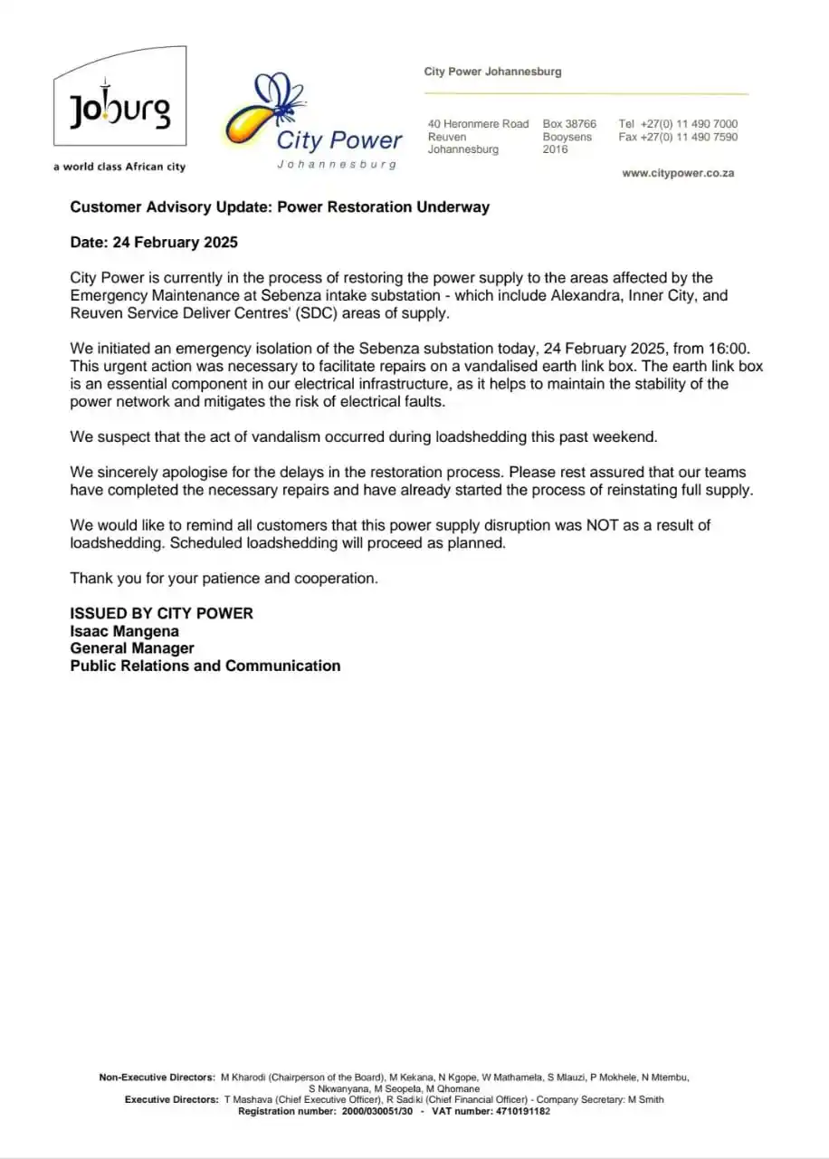 Alexandra SDC Outage Updates post