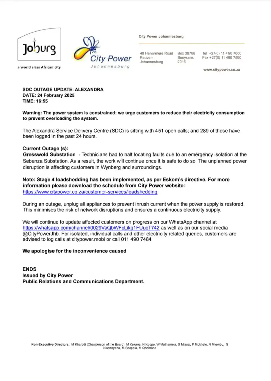 Alexandra SDC Outage Updates post