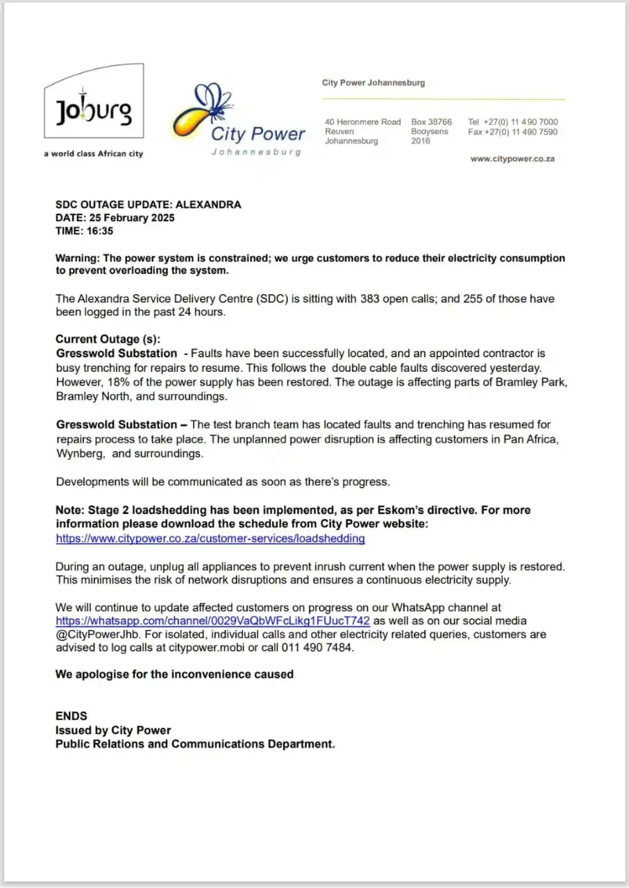 Alexandra SDC Outage Updates post