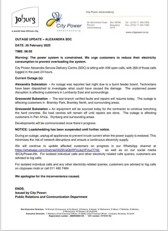 Alexandra SDC Outage Updates post