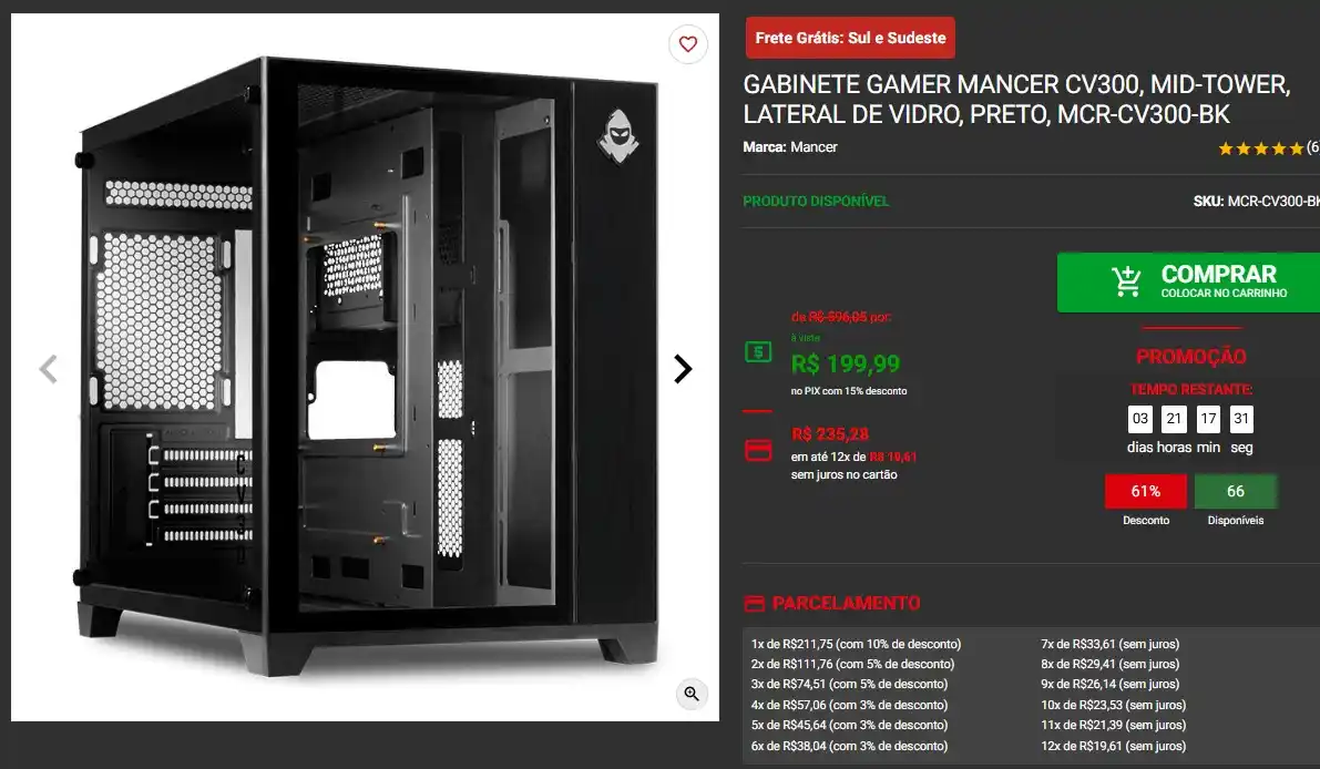 Image from AnruTech - Promoções: 🔥 Gabinete Gamer Mancer CV300, Mid-Tower, Lateral de Vidro, Preto 💵...